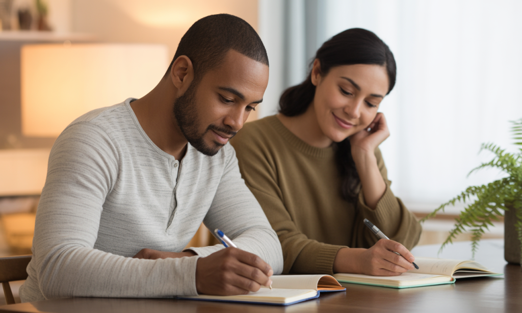 Married couple journaling together, focusing on gratitude and what’s going well