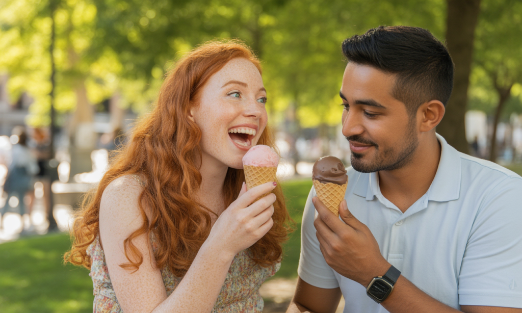 Married couple laughing together on a date, showing lighthearted growth in marriage
