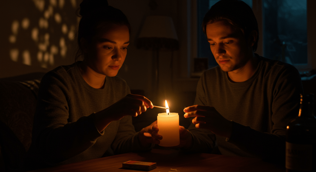 Symbolic image of spouses staying connected in the dark, working through hard times.