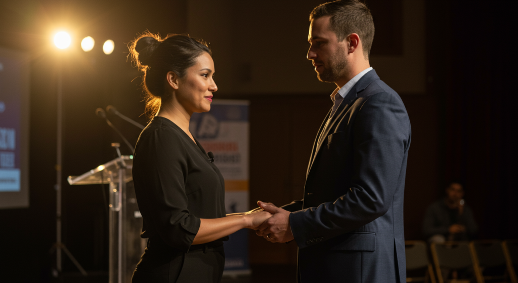 Spouse offering support before an event, showing how growth in marriage extends into leadership roles.