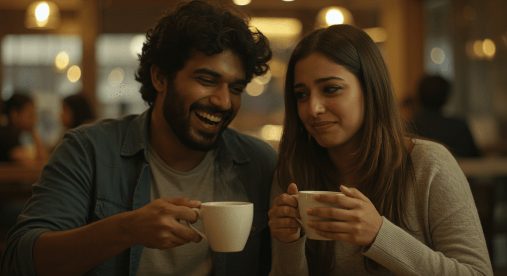 Spouse smiling uncomfortably while partner makes a sarcastic joke, illustrating humor as emotional deflection