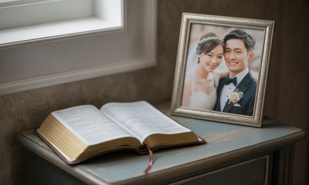 Wedding photo beside an open Bible, symbolizing a marriage rooted in faith and legacy.
