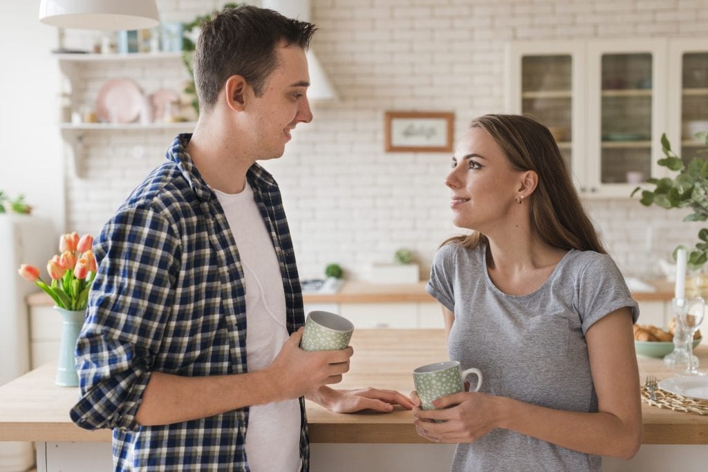 Husband and wife using loving language to rebuild connection.