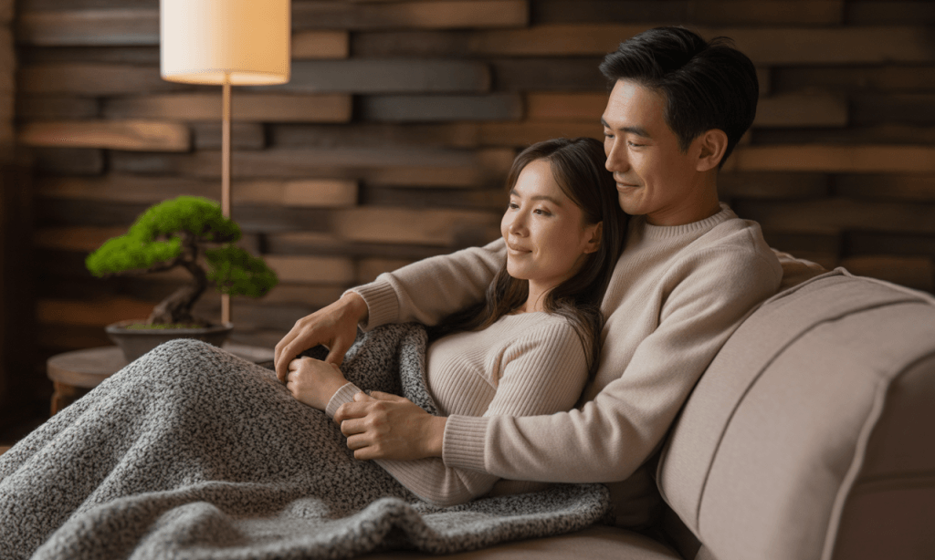 Tired couple resting and prioritizing self-care to escape survival mode.
