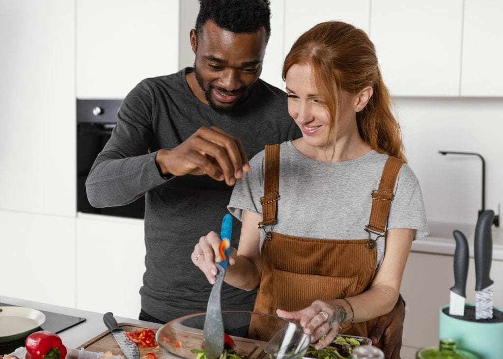 Married couple blending traditions to build a shared family culture.