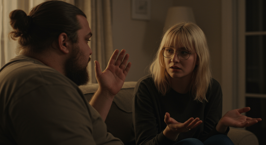 Couple pausing during a tense marriage conversation to prevent escalation.