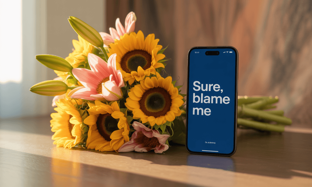 Bouquet of flowers next to a phone displaying dismissive message, representing emotional contradiction.