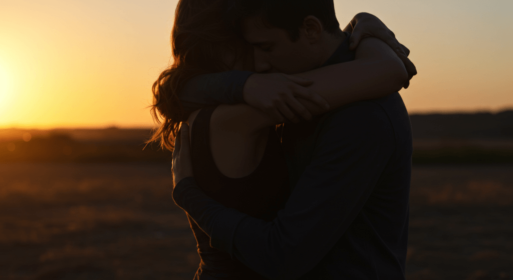 Couple hugging during twilight, illustrating the deep emotional safety created by invisible effort.