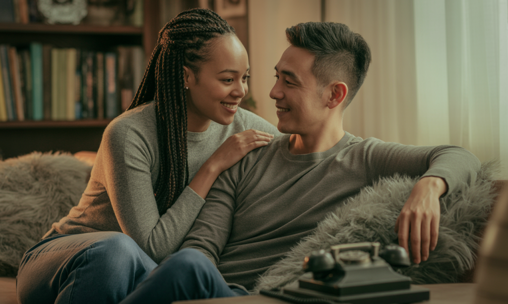 Married couple choosing face-to-face connection over digital distraction, reinforcing mutual commitment.