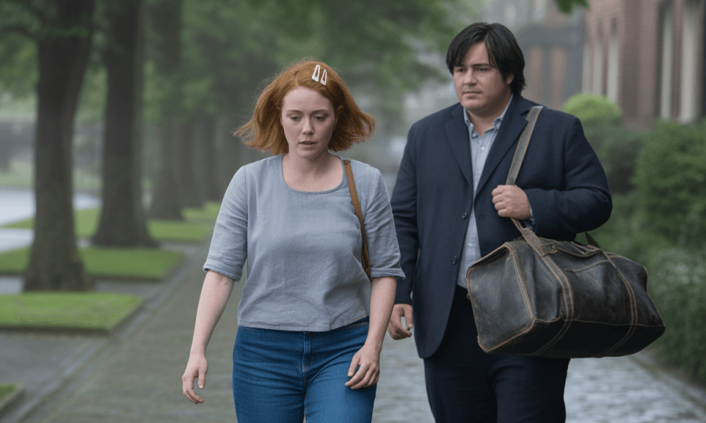 Symbolic image of one spouse carrying emotional baggage while lagging behind the other
