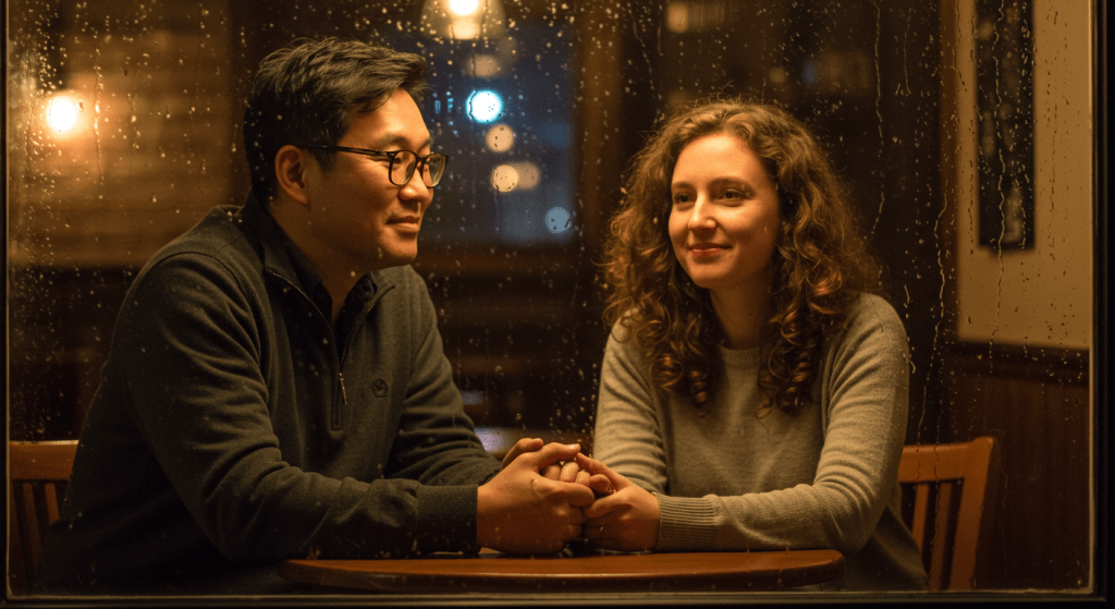Couple sharing an intimate moment in a coffee shop during rain, symbolizing shared presence during hardship.