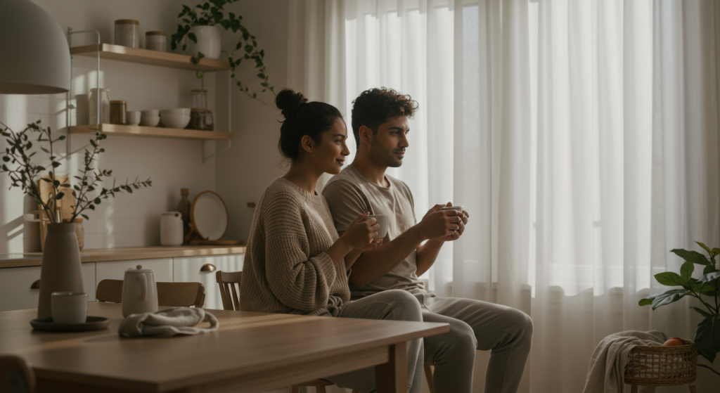 Calm married couple enjoying morning together, symbolizing emotional peace and presence