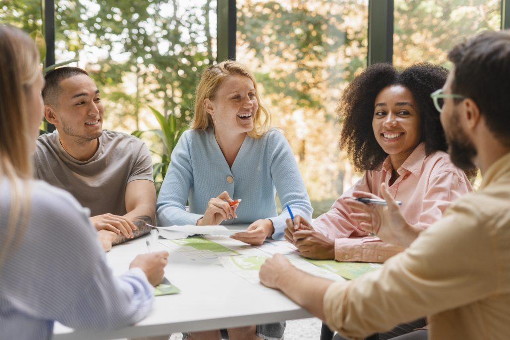 Confident individual connecting in conversation, reflecting emotional peace from home