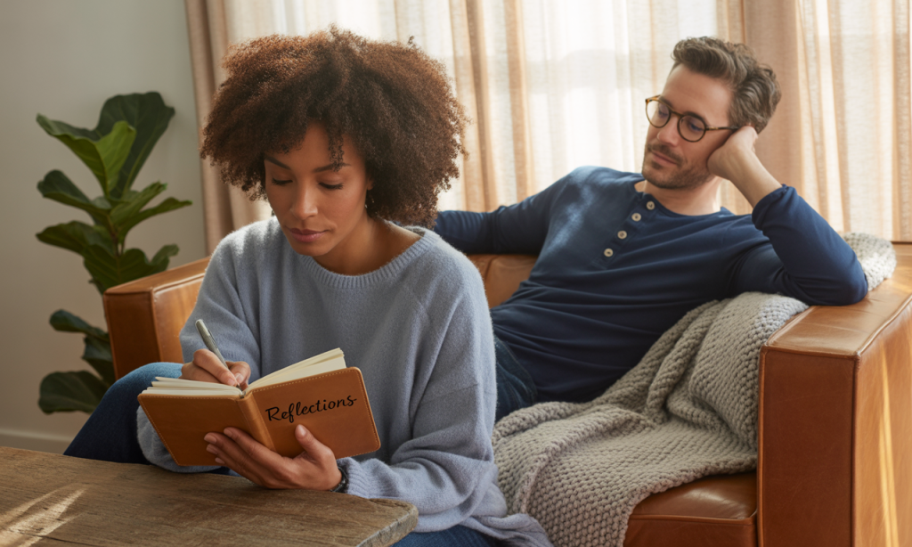 Spouse quietly reflecting and journaling while partner rests, symbolizing gentle leadership in growth 