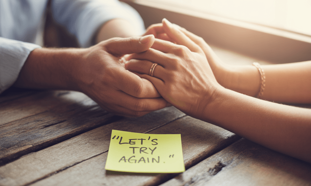 Couple holding hands with a note symbolizing a fresh start after reflection and emotional reset.