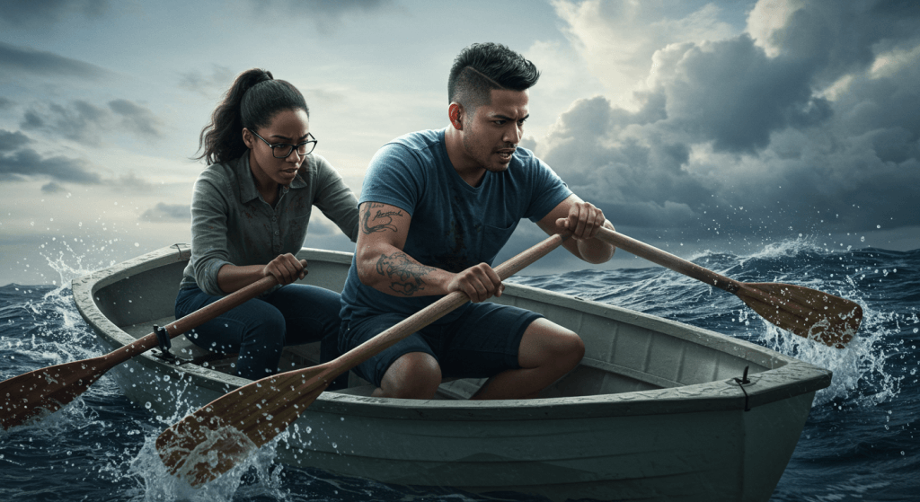 Married couple facing pressure together, rowing through challenges side by side.