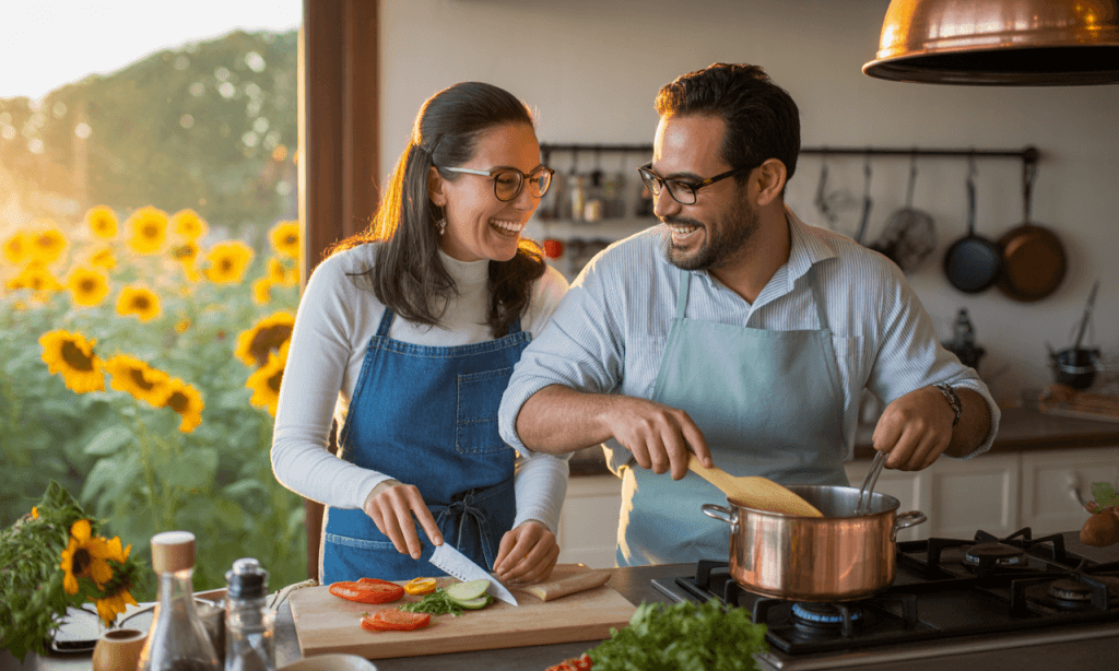 Couple laughing amid kitchen chaos-representing messy connection and real love