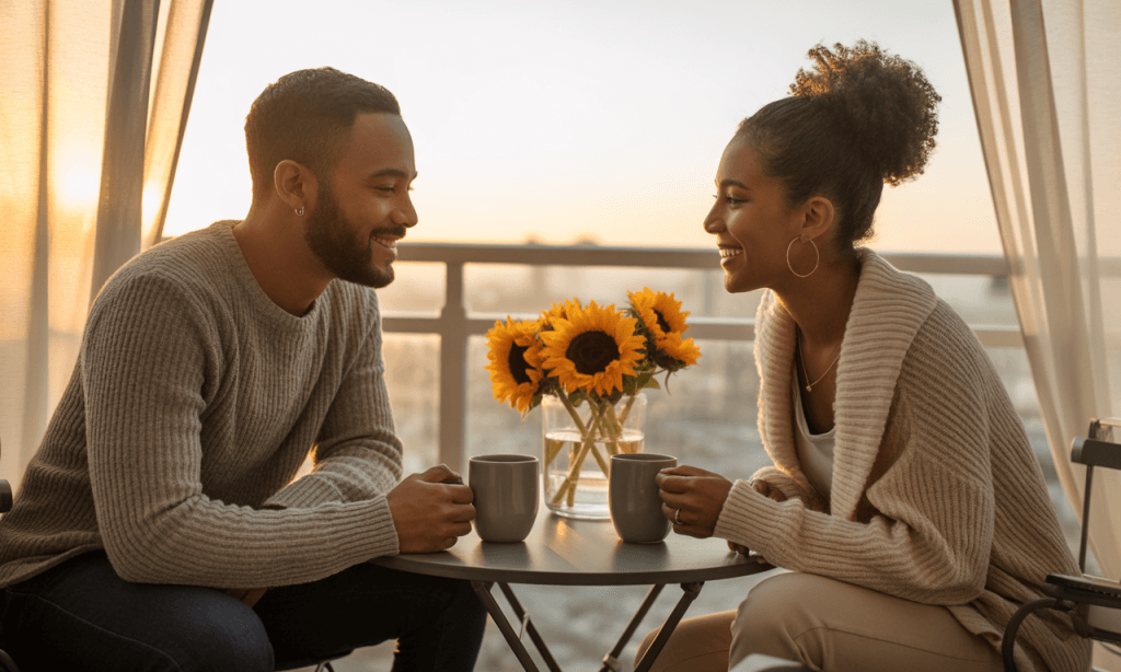 Married couple having morning coffee as part of their relationship rhythm.
