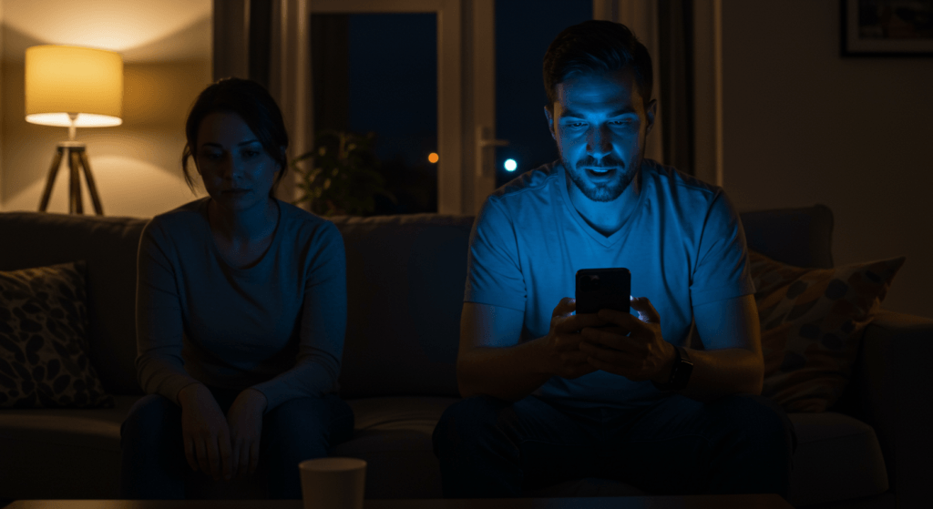 A hyper-realistic image capturing a moment where one spouse is receiving digital validation (likes, comments, or laughter) after publicly mocking their relationship - unaware that it’s reinforcing emotional disconnection with their partner. The spouse in focus is seated slightly forward, looking proud or satisfied while staring at their phone, which glows in their hands. Their posture is relaxed, maybe even triumphant, as they scroll through or read aloud from a phone post or message. In the background or to the side, the other spouse sits quietly, emotionally withdrawn, gazing down or off to the side - hurt, disappointed, or just quietly distant. Their body language is closed off, and their expression is subtle but telling. The setting is a modern living room or kitchen at night, lit mostly by warm overhead lights and the cool blue glow from the phone screen. A couch, table, or casual furniture surrounds them. The couple can be of any race, but their clothing is casual, and they are in a real, lived-in home space. All hands and fingers must be clearly visible, complete, and undistorted. Emphasize realistic lighting, skin textures, and emotional nuance in their expressions and posture. The mood is emotionally complex - a mix of pride, validation, and obliviousness in one spouse, and quiet pain, distance, or resignation in the other. The image should feel intimate, cinematic, and deeply human. 