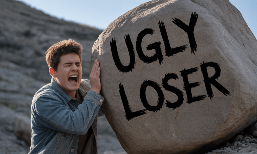 Individual carrying a rock with negative labels, symbolizing the burden of owning harmful words.