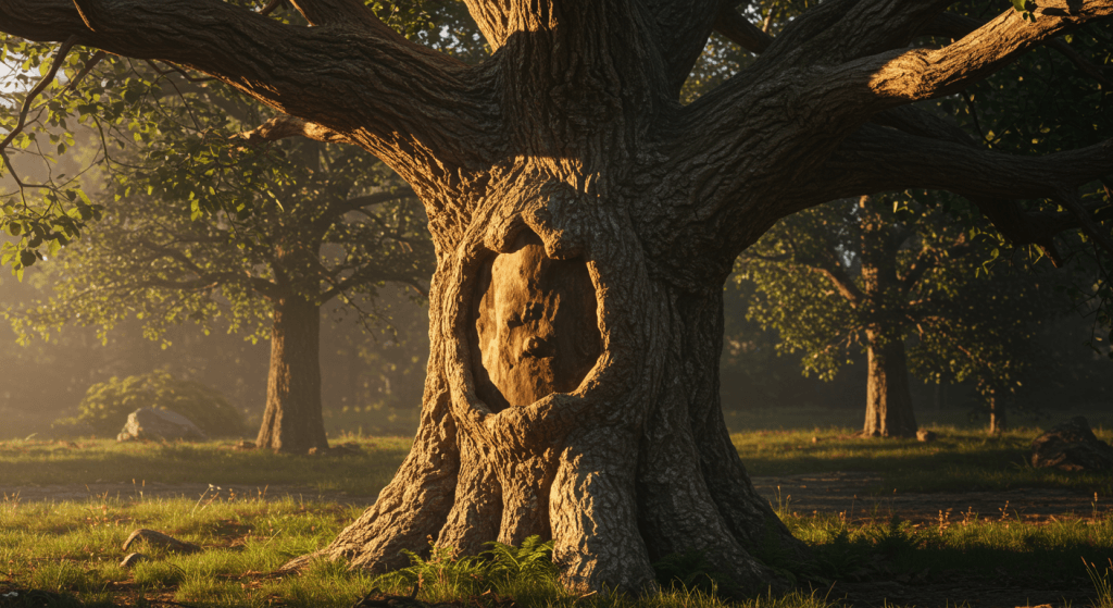 Tree bark with a large scar from past damage, symbolizing the enduring strength of a healed marriage