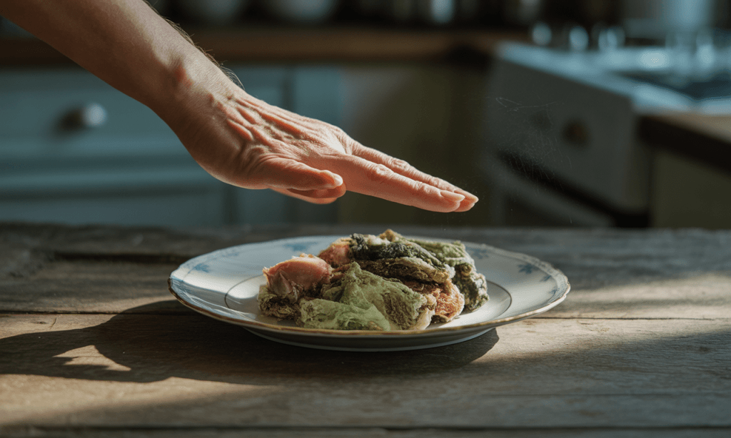 Hand pushing away a plate of rotten food, symbolizing rejecting harmful words.