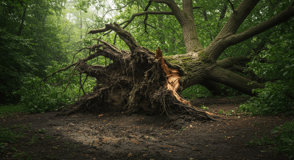 Uprooted tree after a storm, symbolizing relationships that fall apart without deep foundations