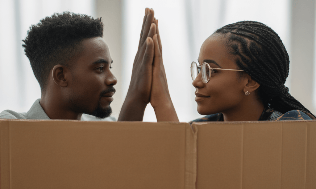 Couple noticing how protective walls are separating them and choosing reconnection.