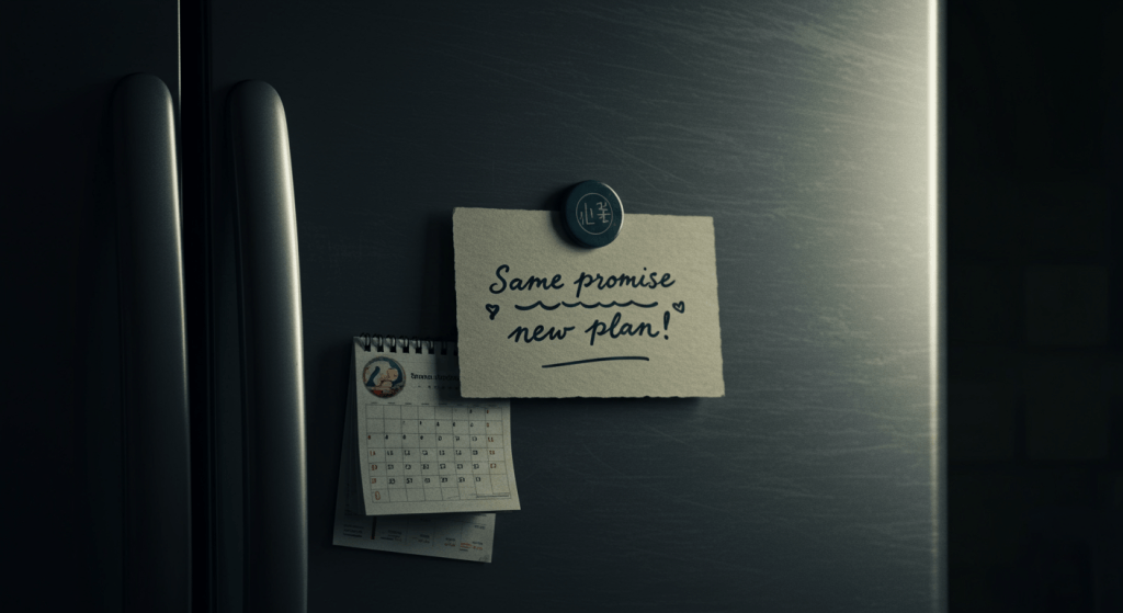 Keep the Promise, Change the Plan reminder on a kitchen calendar for consistent love.
