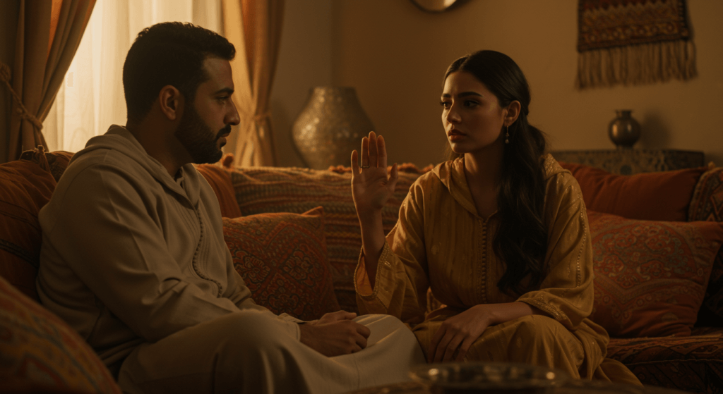Husband and wife pausing mid-discussion to set healthy boundaries.