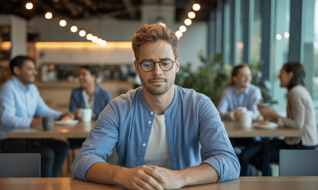 Person gossiping about spouse at work lunch, unaware of emotional consequences.