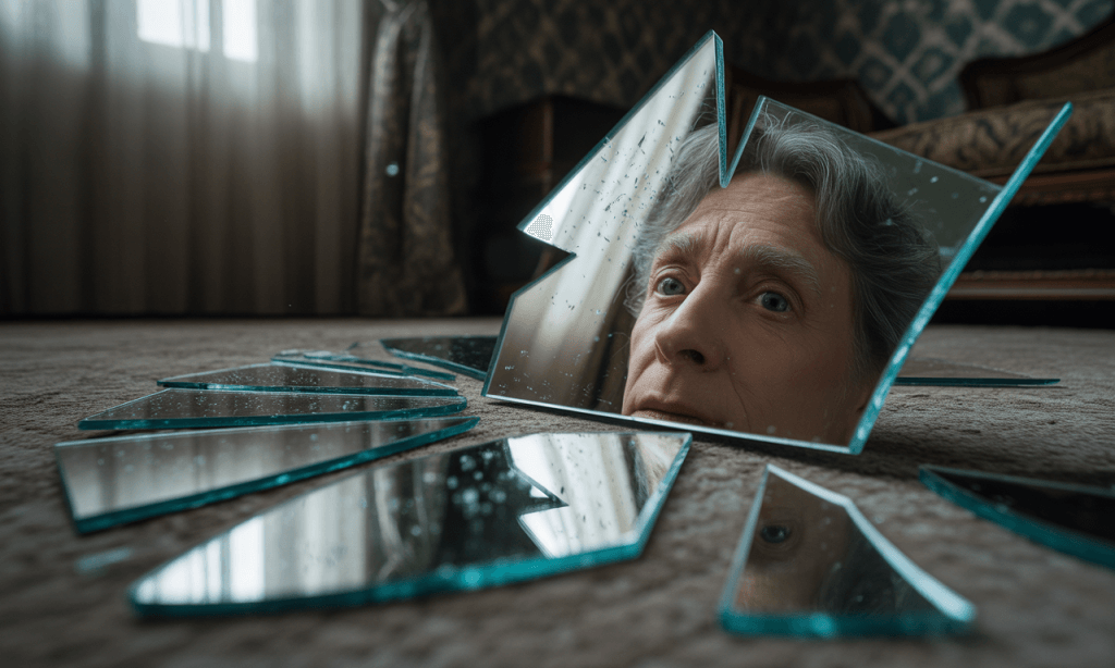 A cracked mirror showing a fragmented reflection, symbolizing identity conflict in marriage