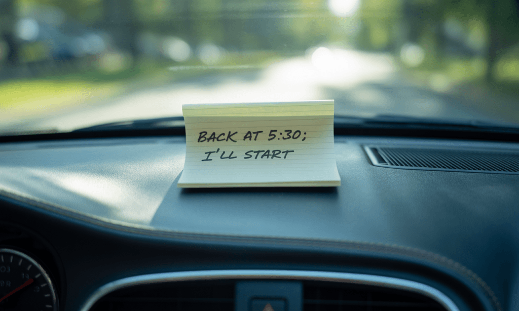 Dashboard view with a small notepad on the console.