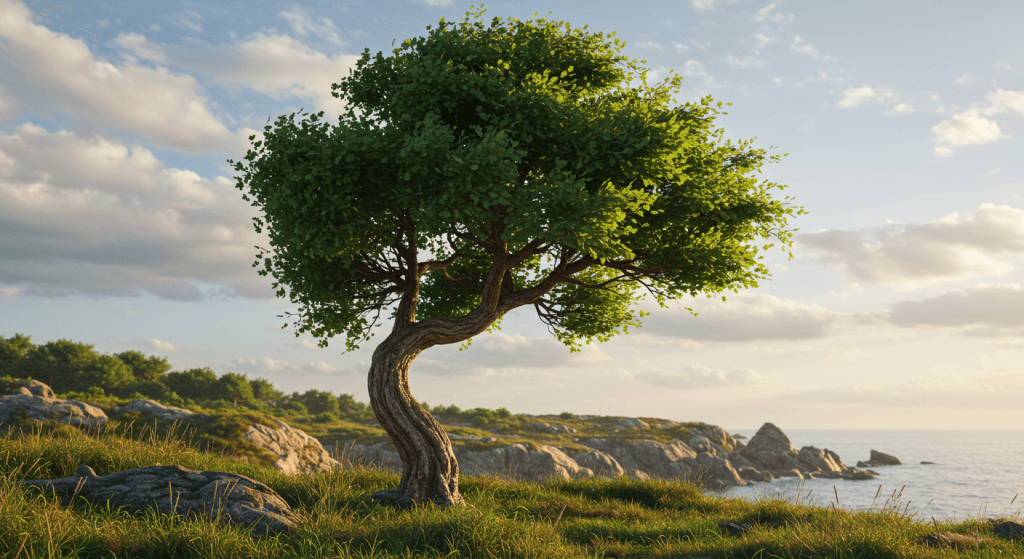 Bent but thriving tree, representing a marriage that’s endured hardship but remains strong