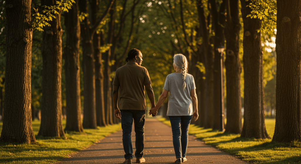 Senior couple walking together outdoors, symbolizing a long-lasting, intentional marriage.