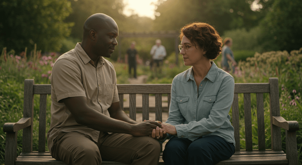Couple sitting in peaceful silence, demonstrating connection without words.