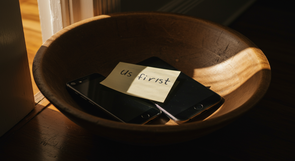 Phone bowl ritual—short, screen-free windows to reduce attention hijacks.