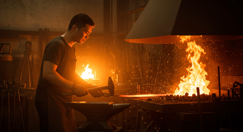 Hot metal being forged by fire, symbolizing personal growth under pressure in marriage.