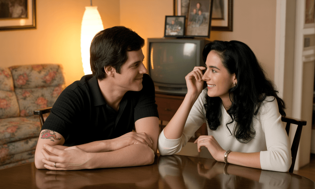 Husband and wife having an open discussion about boundaries and shared goals.