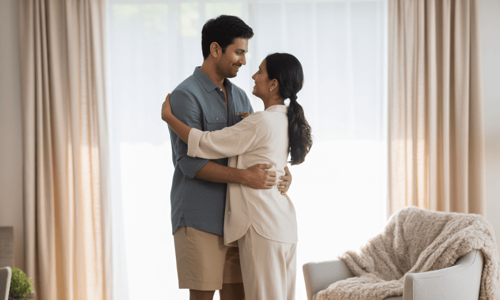 Husband and wife hugging, showing reconciliation after a healthy disagreement.