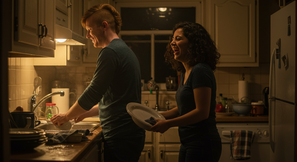 Couple handling everyday chores together—small counter-moves against the mild headwind of normal life.