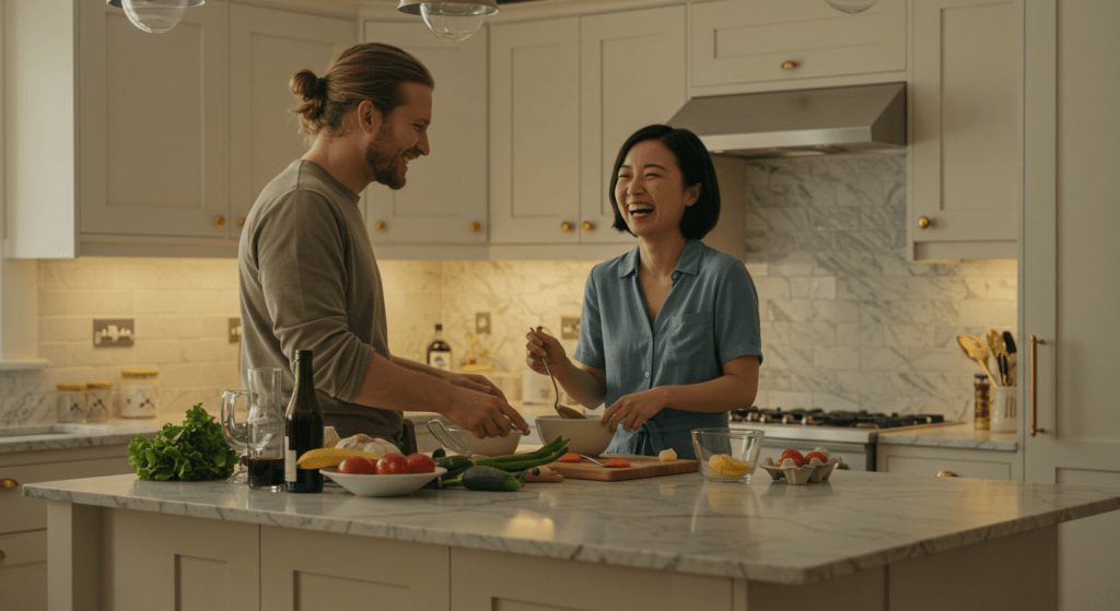 Husband and wife enjoying time together in the kitchen, representing a healthy marriage culture.