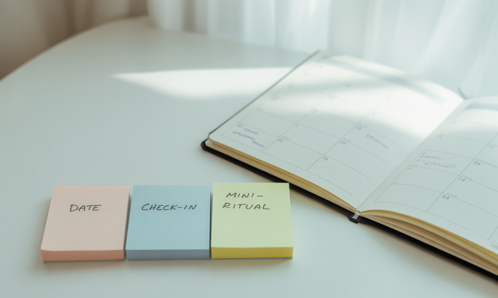Three weekly touchpoints—date, check-in, mini-ritual—showing The Power of Redundancy in marriage.