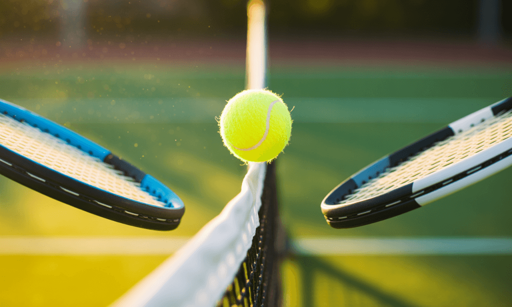 Tennis ball suspended between two rackets, symbolizing the back-and-forth nature of verbal exchanges in marriage.