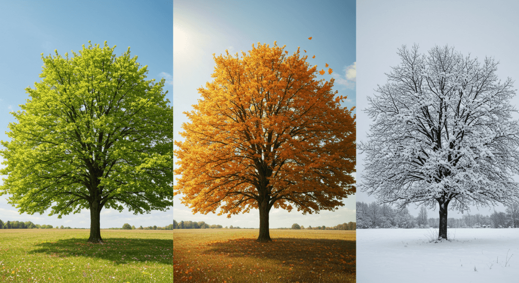 Visual of a single tree experiencing spring, summer, fall, and winter-representing marriage through life’s many seasons