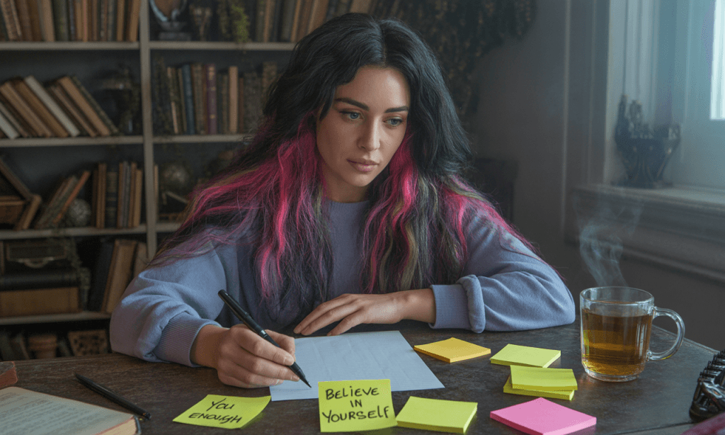 Sticky notes with positive affirmations, symbolizing replacement of harmful labels.