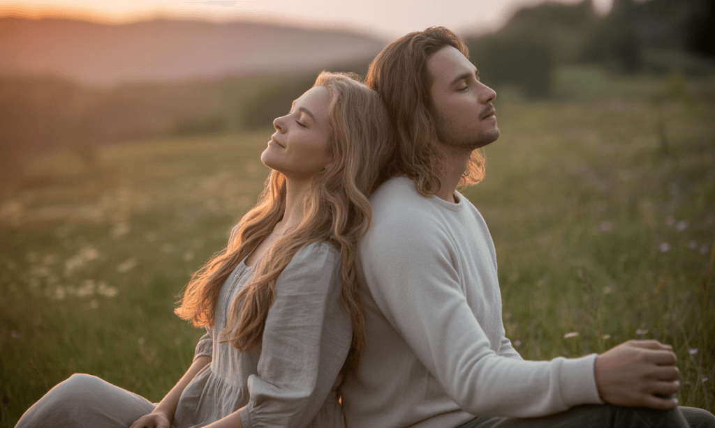 Married couple sitting in a reflective reset posture, symbolizing choosing growth over escape.