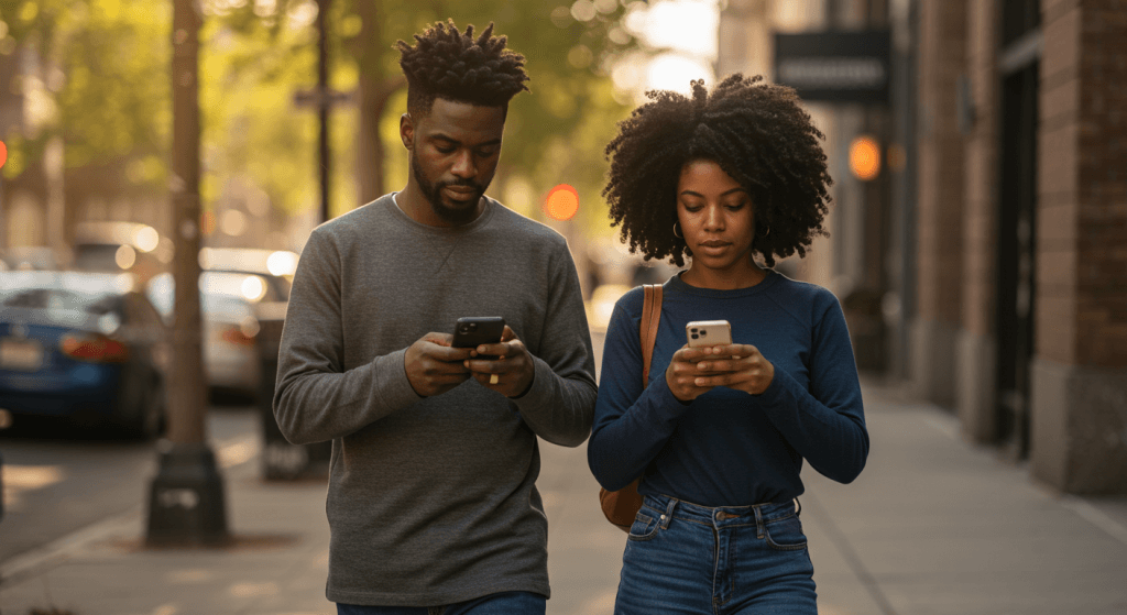 Married couple distracted by screens, showing subtle erosion of connection.