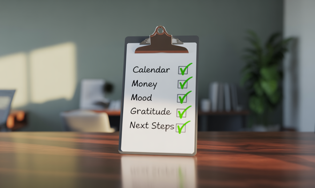 Weekly check-in checklist adding slack to busy weeks.