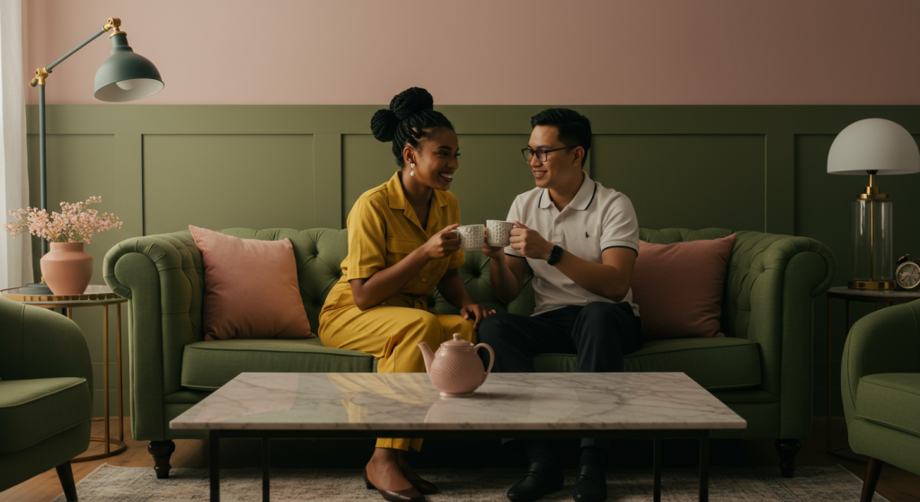 Small daily ritual—clinking mugs—to celebrate consistent connection.